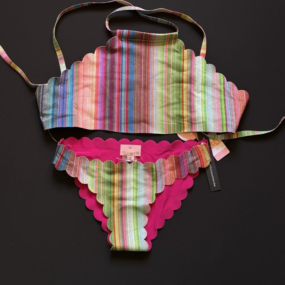 PilyQ Girls 16 Retro Stripe Seamless Scallop High Neck Bikini‎ Reversible NWT